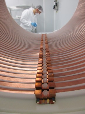 The field cage copper rings mounted on the high density polyethylene tube.